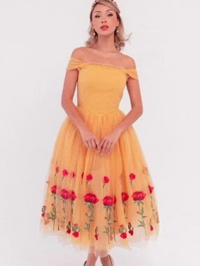 JessaKae BELLE DRESS - Off-Shoulder Tea-Length Dress with Red Floral Embroidery